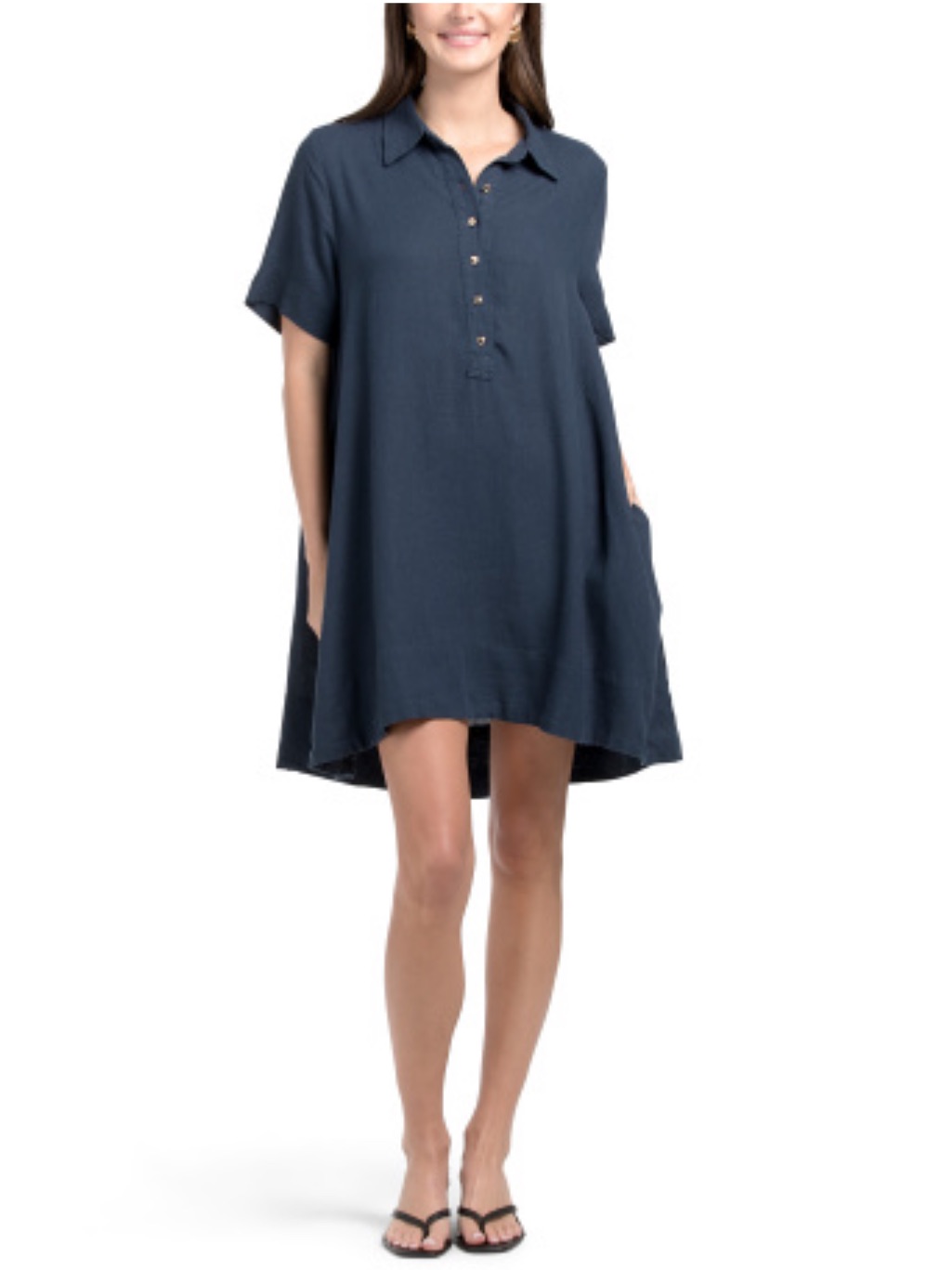 Nwt 4 Our Dreamers Linen Blend Short Sleeve A-Lind Mini Shirt Dress - Navy M